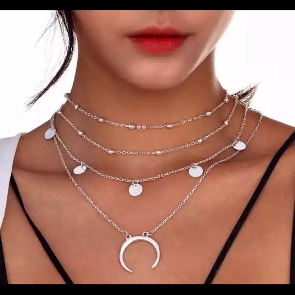 multi layer silver coin crescent choker necklace